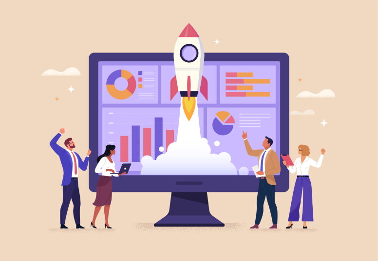A cartoon of four business professionals standing around a computer monitor displaying charts and a rocket launching.