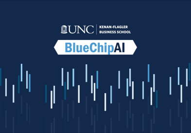 UNC Kenan-Flagler BlueChipAI logo appears on a dark blue background with light blue and white vertical bars.