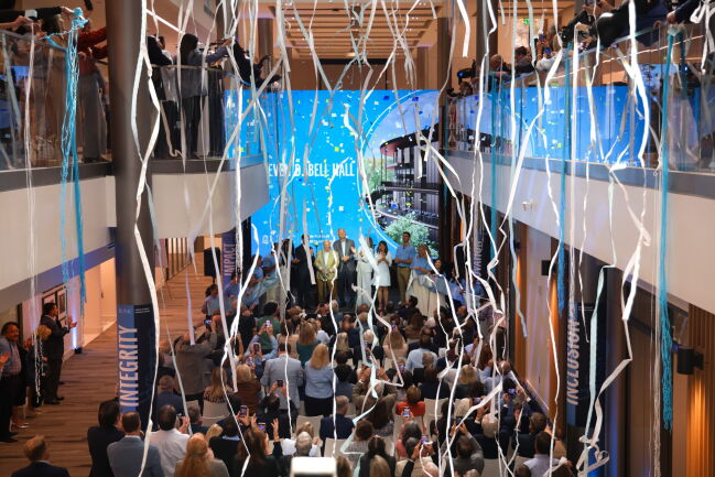 Streamers fall over the grand opening event.