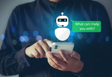 A person using a phone with a cartoon robot hovering above reading, 