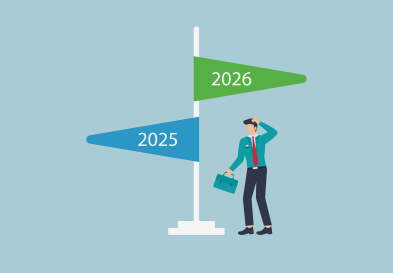 Businessman confused between flags that read 2025 and 2026.