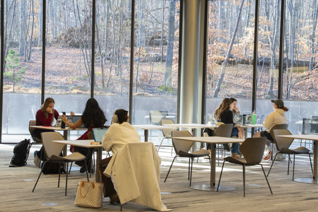 Students work in the dining area in Bell Hall.