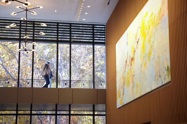 Megan Rooney’s “Stand Up Sky” hangs above the dining area in Bell Hall.