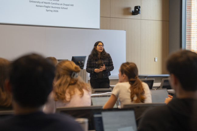 Professor Vrinda Mittal teaches in a Bell Hall classroom.