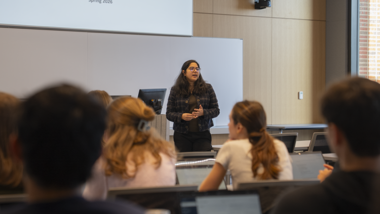 Professor Vrinda Mittal teaches in a Bell Hall classroom.