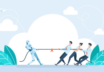 An illustration of a robot playing tug of war with people.