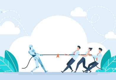 An illustration of a robot playing tug of war with people.