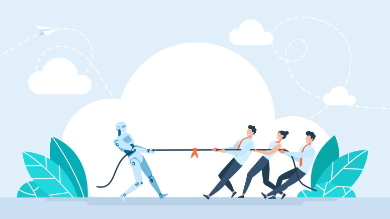 An illustration of a robot playing tug of war with people.