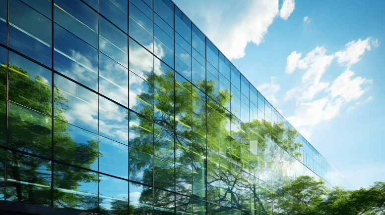Exemplifying the ESG - Environmental, Social, Governance concept, a corporate glass building facade reflects green trees. Importance of integrating sustainability into business practice.
