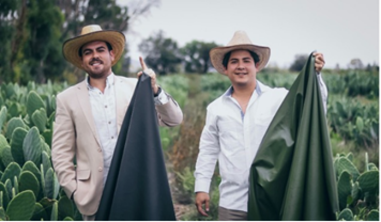 Desserto cofounders Andrian (left) and Marte (right) holding their cactus leather.