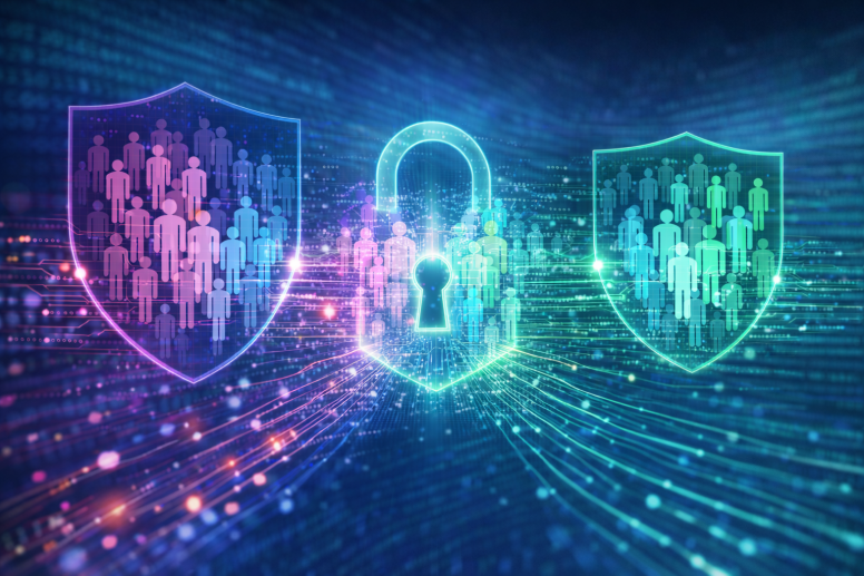 A cyber visual of a lock with two sets of audiences on either side.