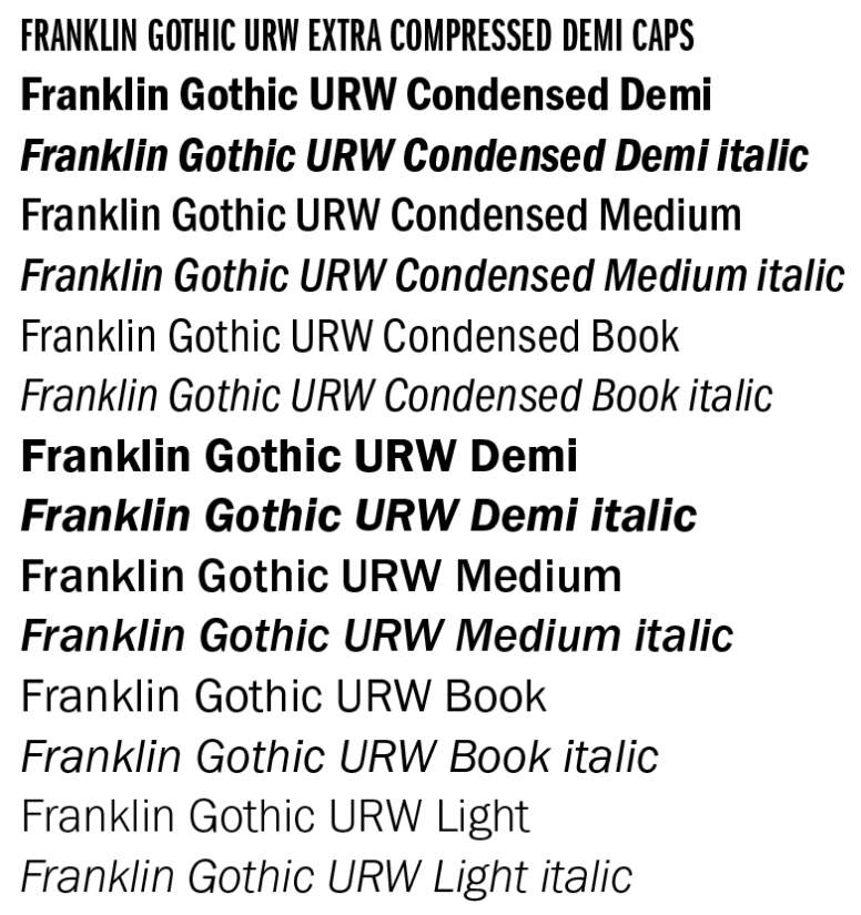 Griid of the various styles of FranklinGothicURW