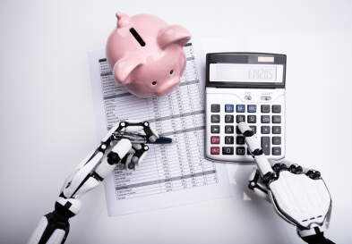 Close-up Of Robot Examining Financial Report With Calculator On Desk
