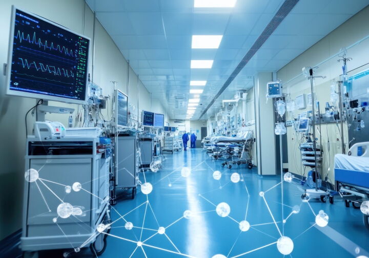 Modern hospital corridor with medical equipment and technology overlay.