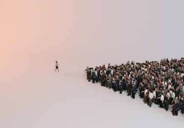 A 3D illustration of a single woman leading a group of people.