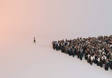 A 3D illustration of a single woman leading a group of people.
