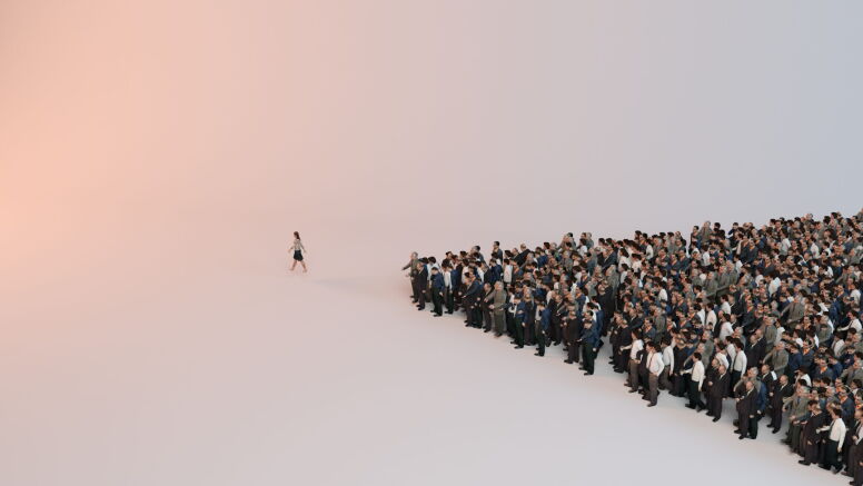 A 3D illustration of a single woman leading a group of people.