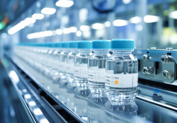 Downloaded Vials of liquid medication in production line, pharmaceutical manufacturing, medicine and vaccine concept.