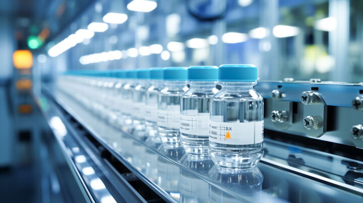 Downloaded Vials of liquid medication in production line, pharmaceutical manufacturing, medicine and vaccine concept.