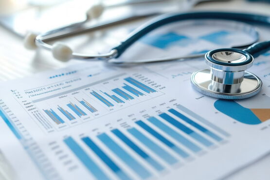 Close-up of a healthcare business report with charts and graphs on financial growth, symbolizing industry analysis, photo-realistic