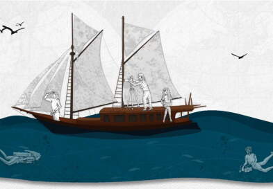 Drawing of sail boat on ocean with people on board and diving underneath