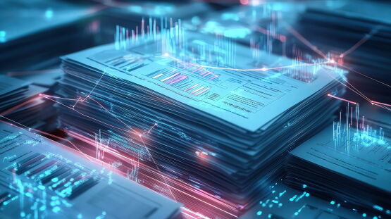 A glowing stack of tax forms and financial reports connected by digital lines to graphs and bar charts, representing the flow of data in financial accounting and tax preparation