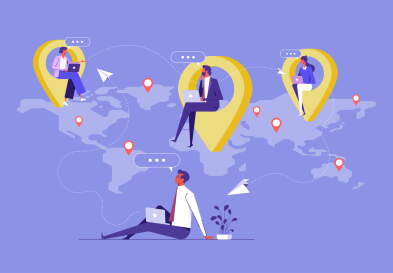 Illustration of remote workers using laptops from different global locations.