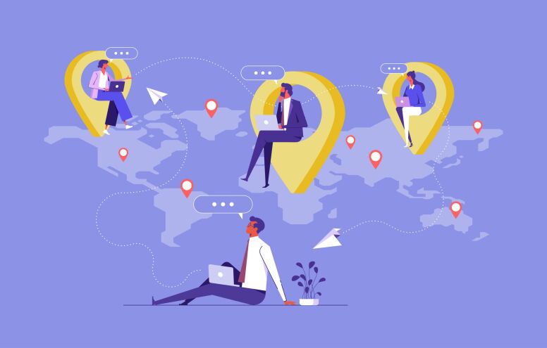 Illustration of remote workers using laptops from different global locations.