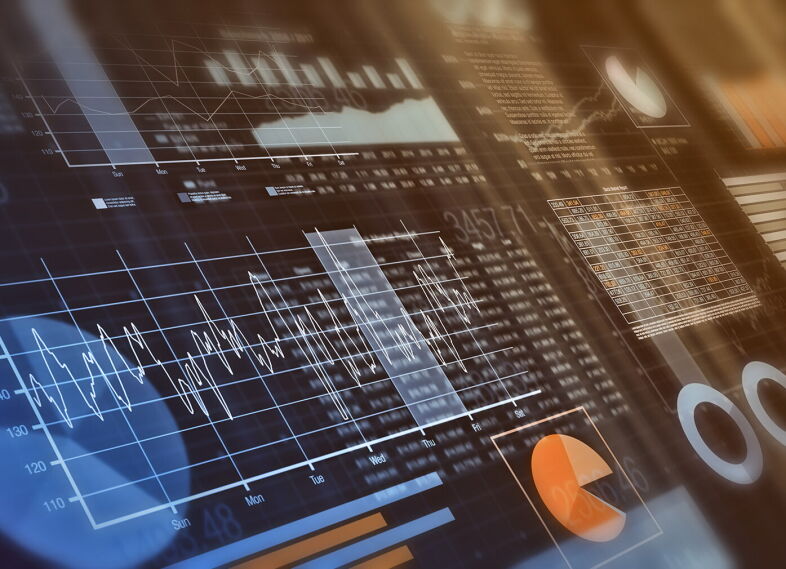 close-up view of financial graphs, bar, circle and line charts (3d render)