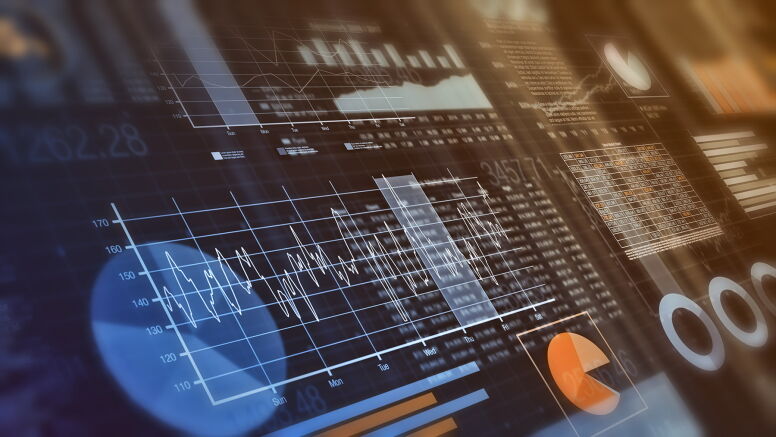 close-up view of financial graphs, bar, circle and line charts (3d render)