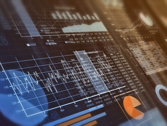 close-up view of financial graphs, bar, circle and line charts (3d render)