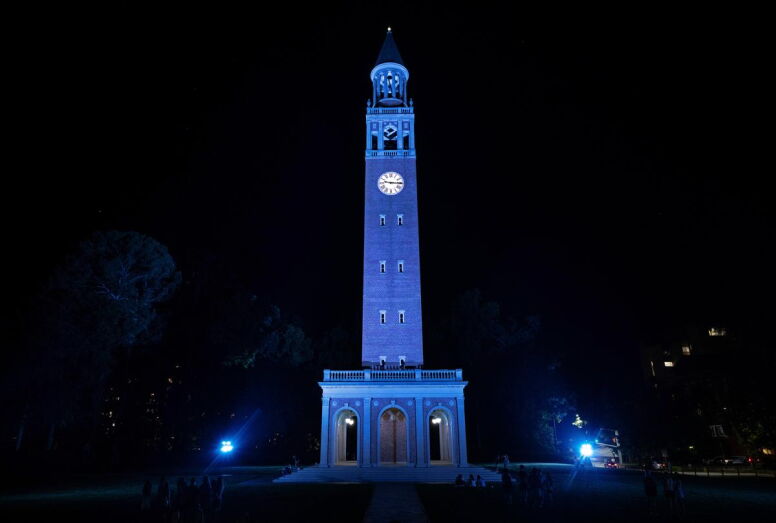 The Bell Tower lit blue at night
