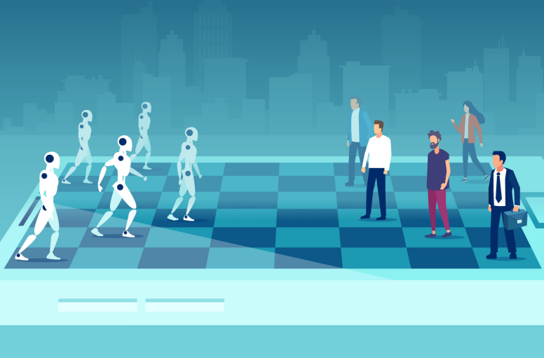 People and robots face off on a chess board